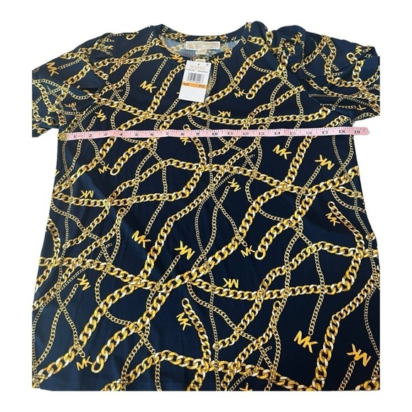 Michael Kors Split Neck Navy Gold Chain Top with Tulip Sleeve Size SP Casual - Picture 10 of 15